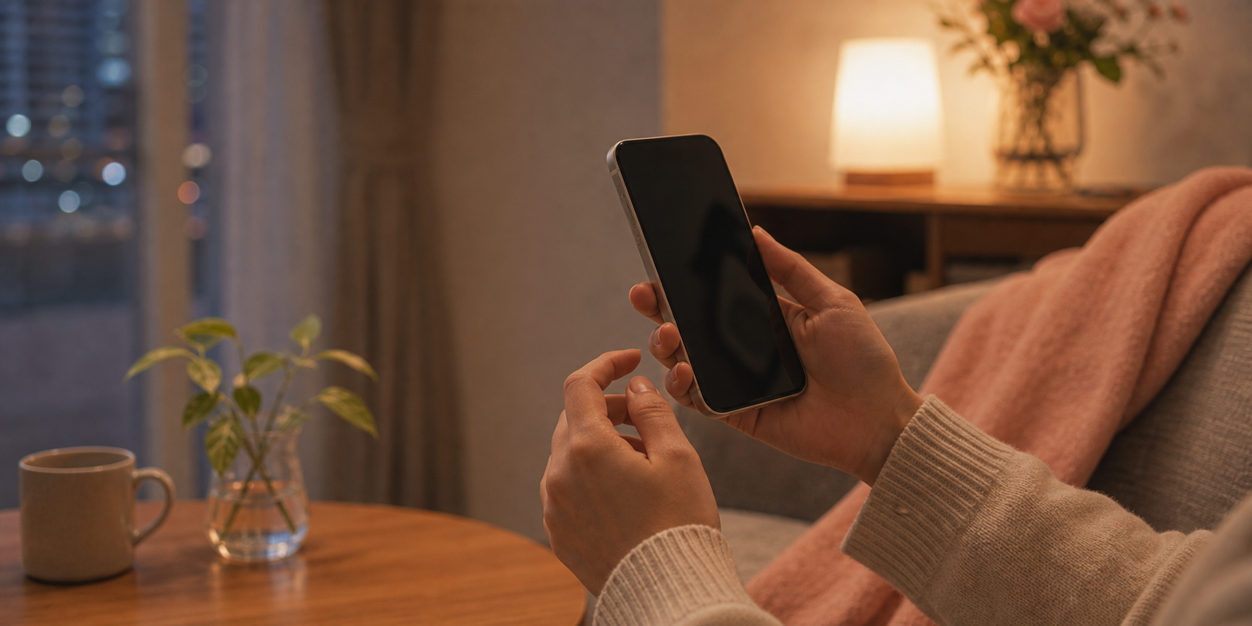夜の部屋で、スマホを手にしたまま入力の手が止まっている手元