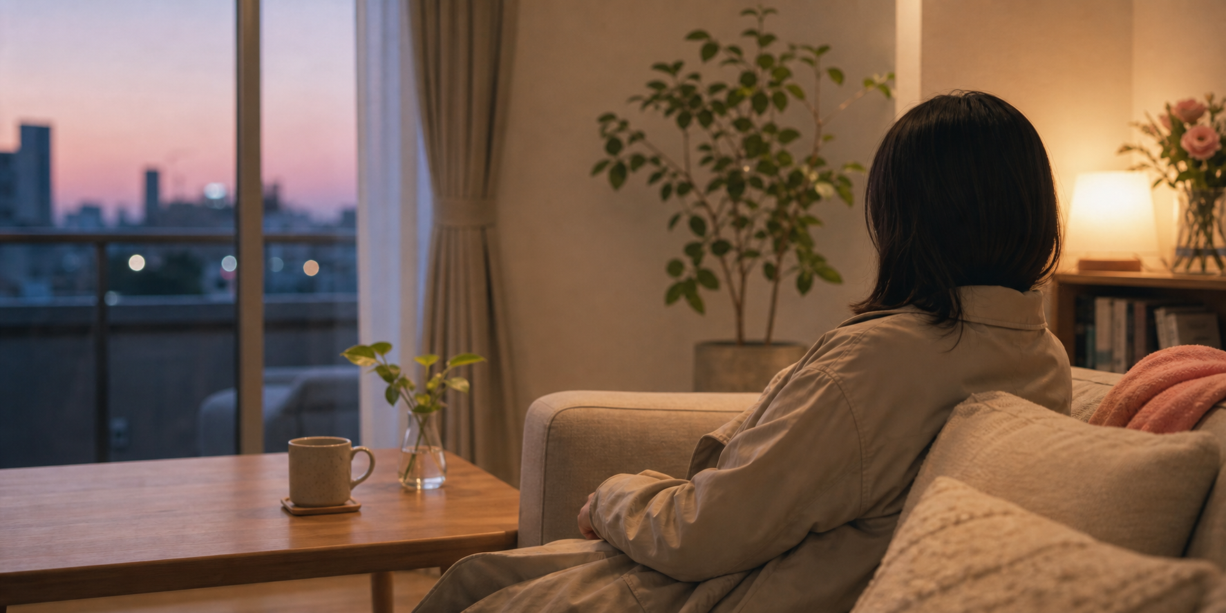 夕暮れのリビングで、上着のままソファに沈んで一息つくひとり